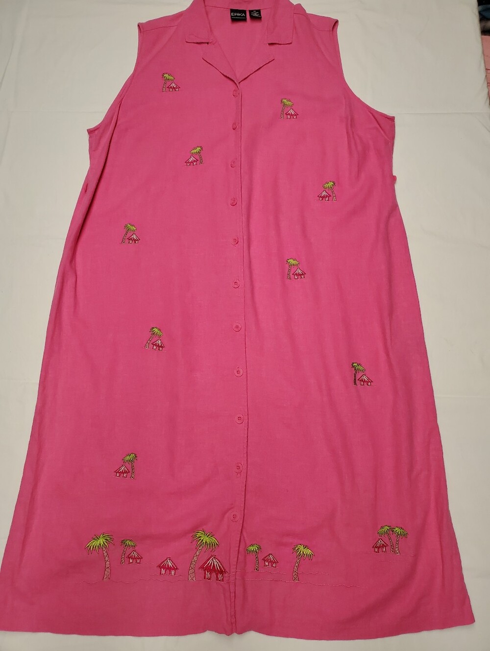 Erika Woman 2X Pink Linen Tropical Hut Palm Tree Embroidered Shirtdress